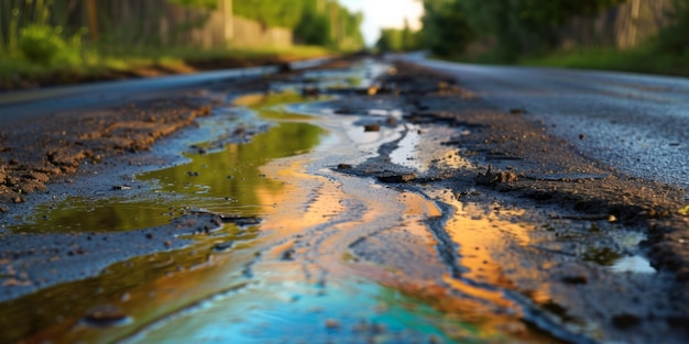 El impacto ambiental de una mancha de petróleo en una carretera que ilustra las consecuencias de la contaminación