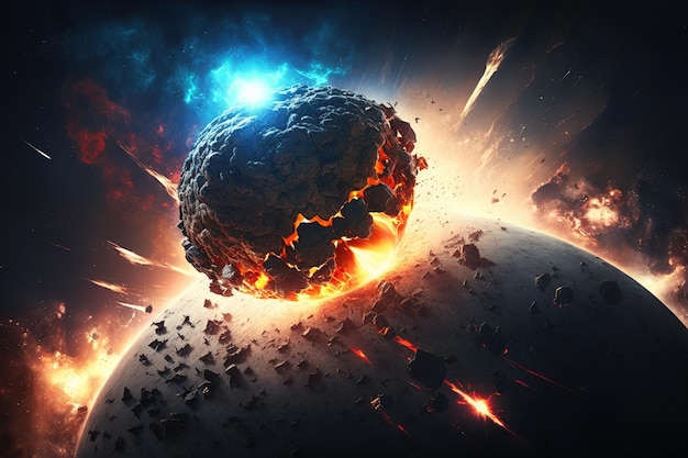 Foto impacto de asteroide no final do dia do julgamento mundial grupo de asteroides em explosão em chamas do espaço profundo se aproxima do planeta terra