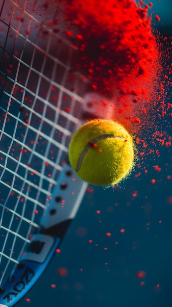 Foto impacto explosivo de una pelota de tenis con estallido de pólvora roja en la cancha