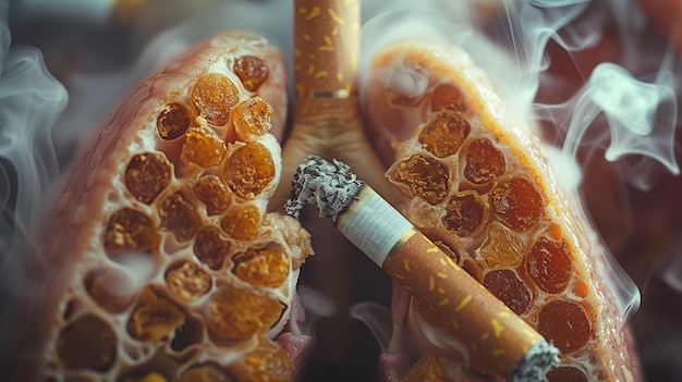 El impacto de fumar un primer plano de los pulmones llenos de alquitrán y el cigarrillo