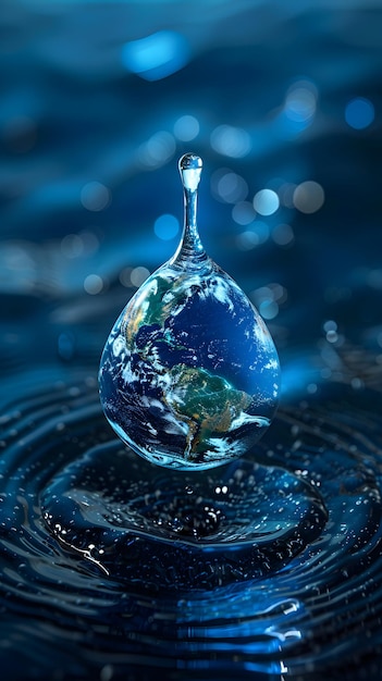 Foto impacto global ícone realista de gota de água com globo enfatizando água limpa para um planeta mais saudável