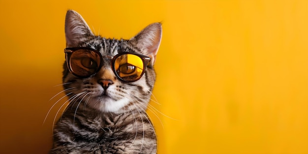 El impacto de las imágenes en la marca y el marketing en las redes sociales Un gato con gafas de sol en un fondo amarillo oscuro Concepto de marca visual Marketing en las redes sociais Fotografía de gato Gafas de sol