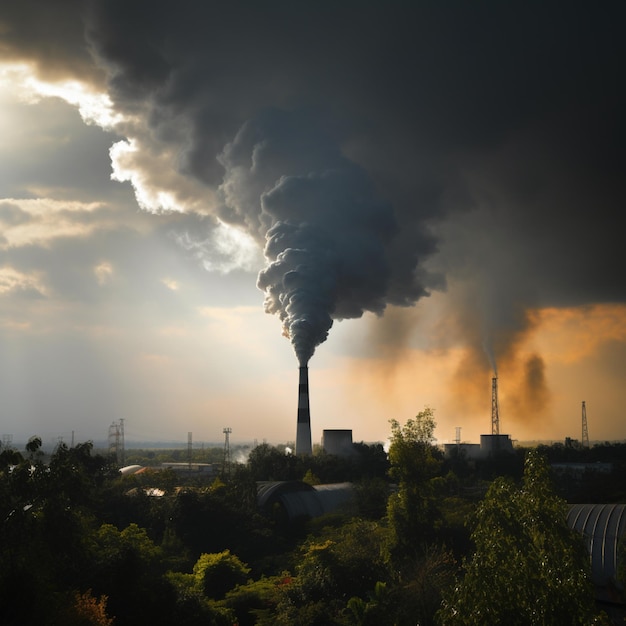 Foto impacto industrial gran chimenea de fábrica que emite vapor de agua y humo para las redes sociales