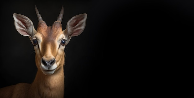 Impala é um antílope africano em um fundo preto horizontal com espaço para texto Generative AI