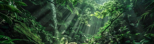 Implant neural del refugio mental vegetación exuberante y cascadas en cascada
