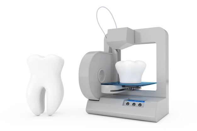 Implante de dente de impressão de impressora 3D em um fundo branco. Renderização 3D