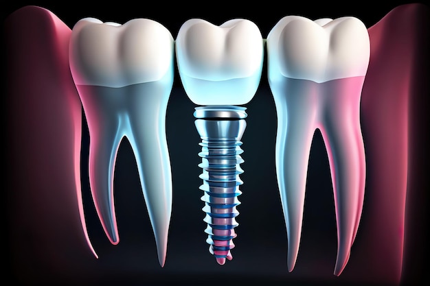 Implante dental con raíz roscada entre dientes en encía AI generativa