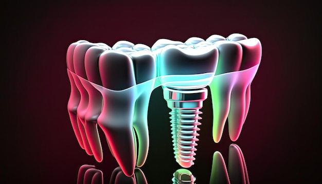 Implante dentário na linha do dente maxilar neon colorido brilhante prótese dentária operação de implante de medicina