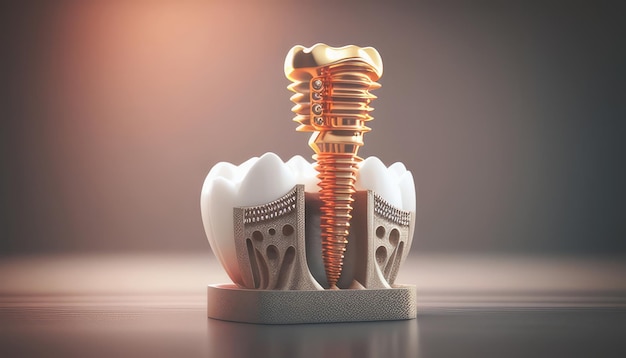 Implantos dentales y dientes sanos diseño científico moderno en un hermoso fondo brillante creado con IA generativa