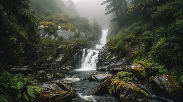 Una imponente cascada con rocío brumoso generado por IA