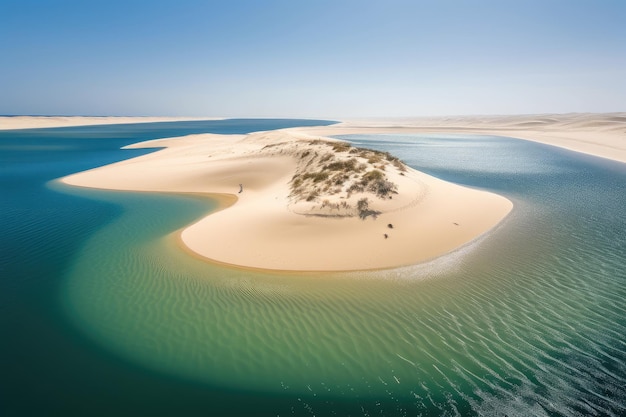 Una imponente duna de arena rodeada por un espejismo de aguas cristalinas