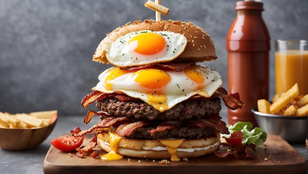 Una imponente hamburguesa de dos pisos con tocino crujiente y un fondo de pantalla de huevo frito generado por IA