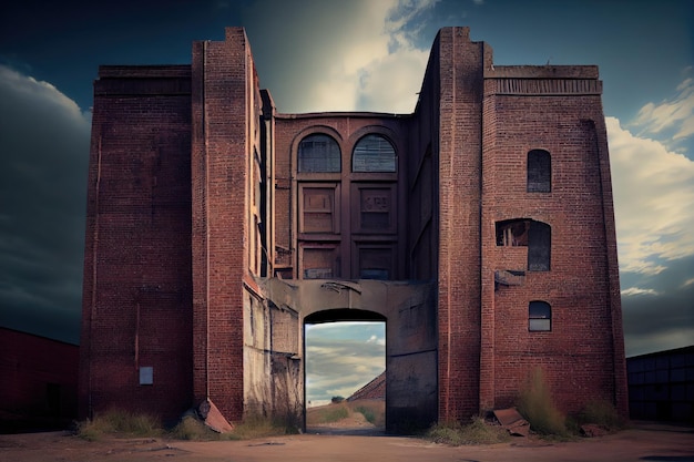 Una imponente pared de ladrillos que parece ser la entrada a una fábrica abandonada