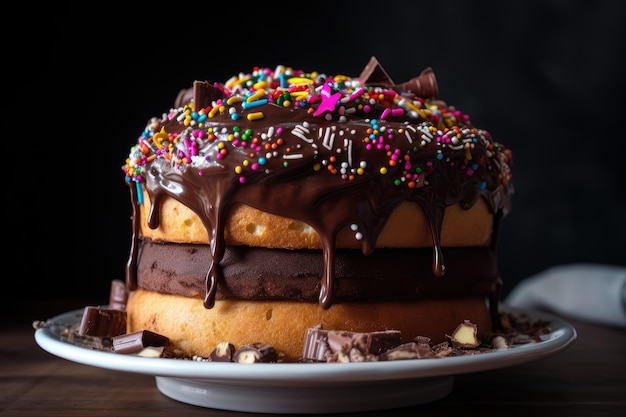 Imponente pastel de plátano cubierto con rico glaseado de chocolate y chispas