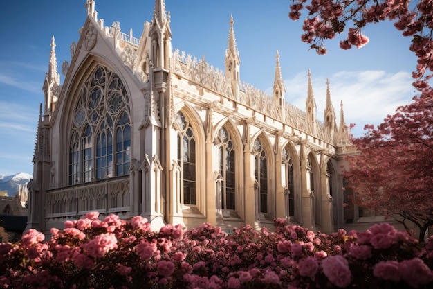 Imposante gotische Kirche mit Buntglasfenstern und ruhigem Garten