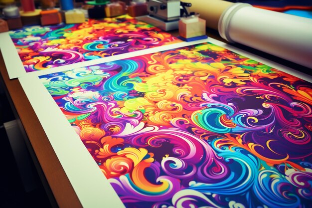 Foto impresión de arte de colores brillantes sobre una mesa con un rollo de papel ai generativo