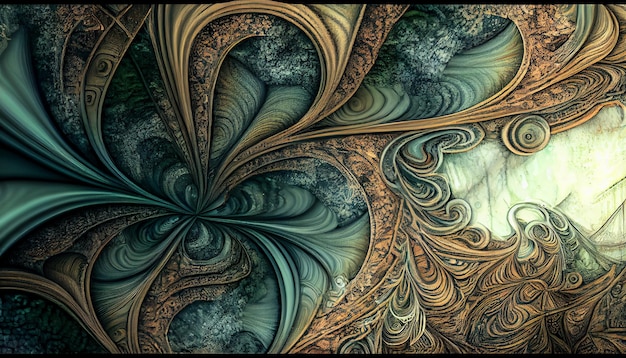 Una impresión de arte digital de un fractal con un fondo verde y un fondo azul.