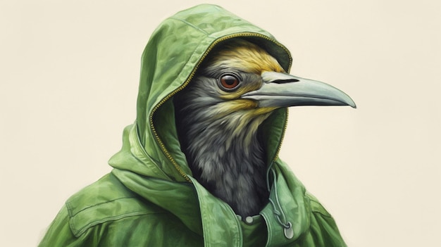 Una impresión de arte digital de un pájaro con una capucha verde