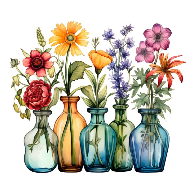 Impresión de arte de estilo boho de 5 jarrones de vidrio de colores cada uno con
