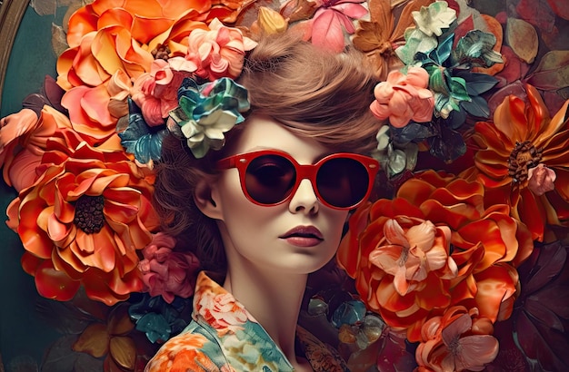 Impresión de arte floral con una mujer con gafas de sol y flores en un estilo digital conceptual compuesto en su totalidad por flores IA generativa