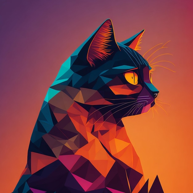 Impresión de arte de gato colorido en un estilo de baja poli, diseño de una ilustración vectorial