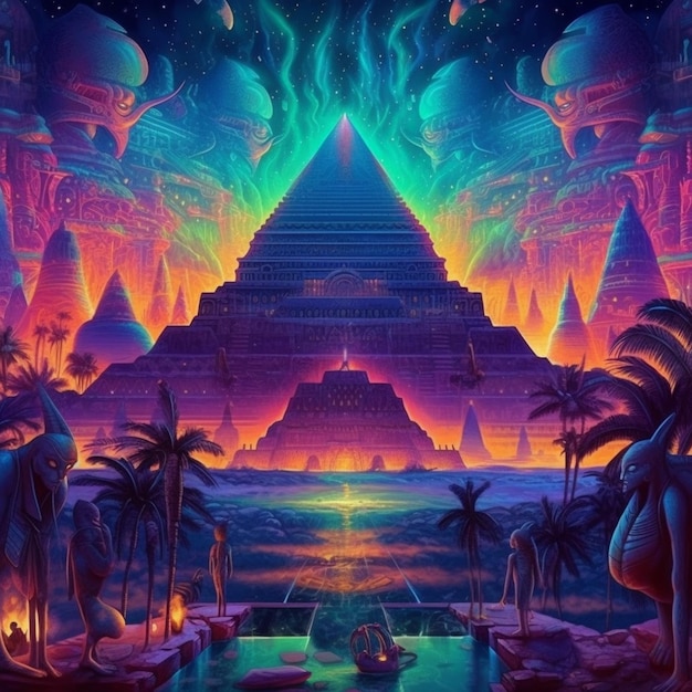 Una impresión de arte psicodélico de una pirámide con un cielo azul y una palmera en el medio.