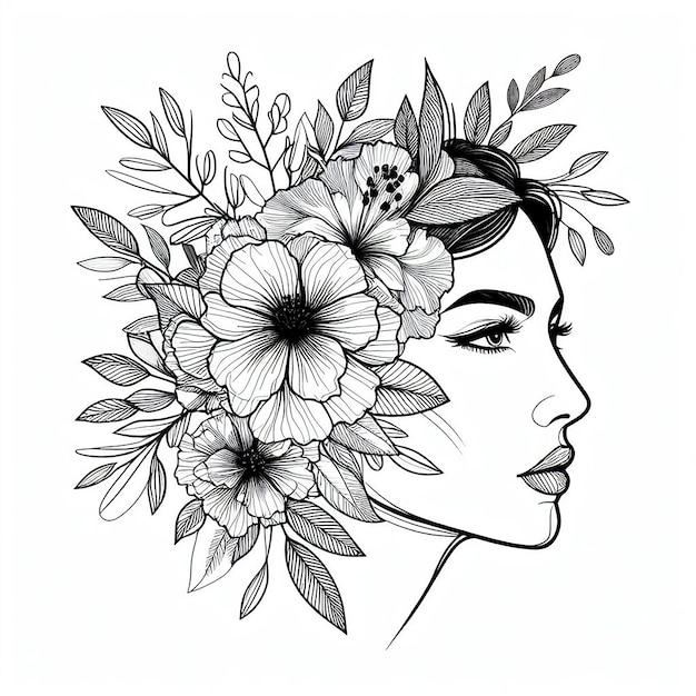 Foto impresión de cabeza floral de mujer dibujo de línea femenina