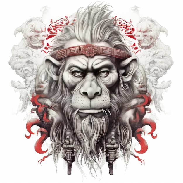 Impresión de camiseta inspirada en el tatuaje chino Divine Ape con fondo con cara de piedra