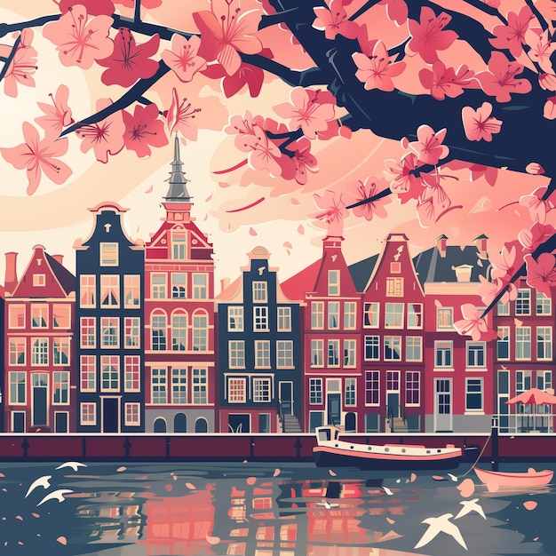 Impresión de carteles de viaje de Ámsterdam con fachadas de edificios mirando al canal y árboles en flor