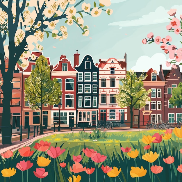 Impresión de carteles de viaje de Ámsterdam con fachadas de edificios, tulipanes y árboles en flor