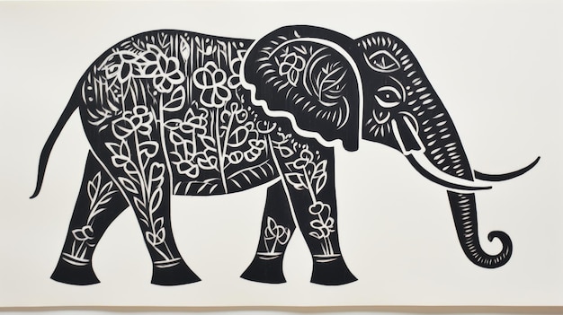 Foto impresión de elefante negro y blanco con patrón floral estilo de recorte de papel