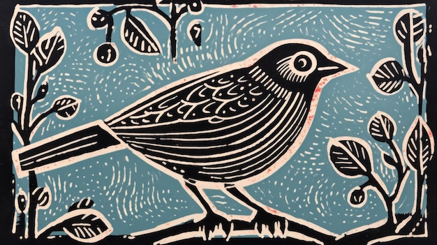 Foto impresión de linóleo de pájaro en ramas una simple impresión de linóleo inspirada en tony fitzpatrick