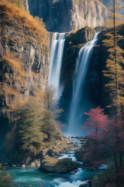 Impresión metálica digital Un paisaje místico lleno de altas montañas cascadas de cascadas