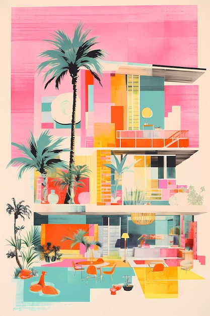 Impresión de risógrafo retro, palmeras de Miami y carteles estilo casa, IA generativa