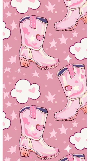una impresión rosa y púrpura de botas y botas