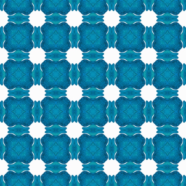 Impresión textil lista sin igual, tela de baño, papel pintado, envoltura. Diseño de verano boho chic excepcional azul. Fondo de acuarela de azulejos. Borde de acuarela de azulejos pintados a mano.