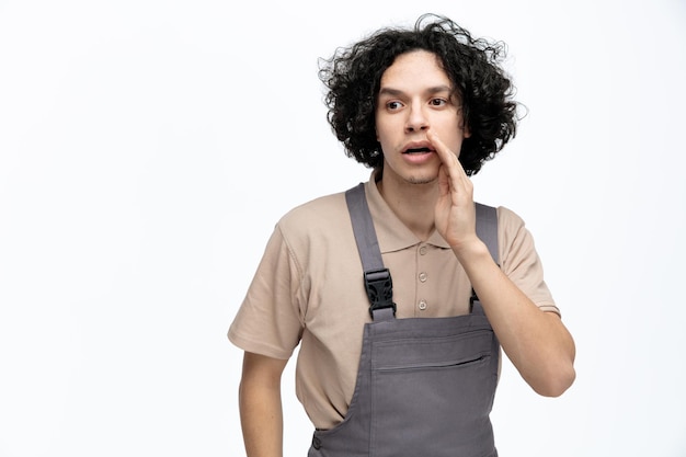 Impresionado joven trabajador de la construcción vistiendo uniforme mirando al lado haciendo gesto de susurro aislado sobre fondo blanco.