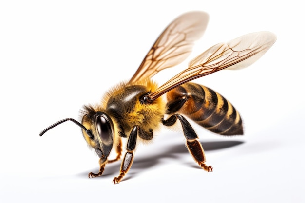 Foto impresionante abeja está volando aislado sobre fondo blanco ia generativa