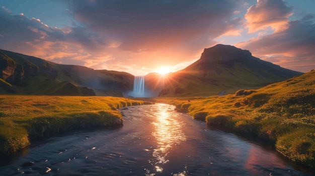 Impresionante amanecer sobre la cascada de Seljalandsfoss y la exuberante vegetación en Islandia