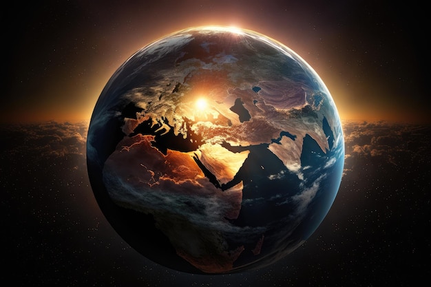 Un impresionante amanecer sobre un globo con rayos de luz que iluminan los continentes de este a oeste
