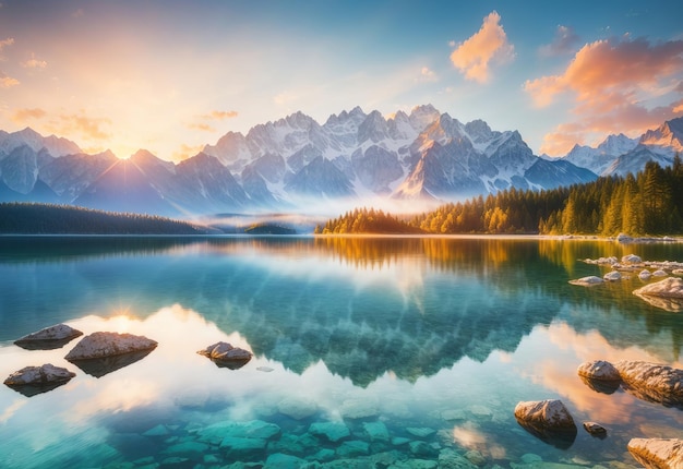 Impresionante amanecer de verano en el lago Eibsee con Z