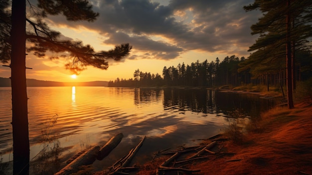 Impresionante amanecer de verano en el lago con playa de arena