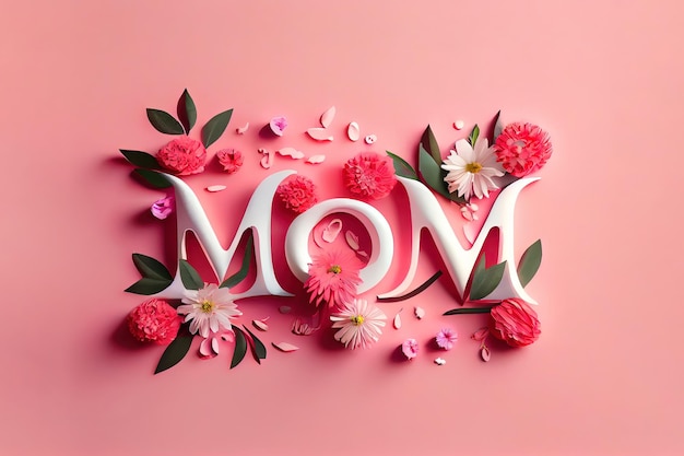 Impresionante amor de mamá hecho con letras blancas y flores Generative Ai