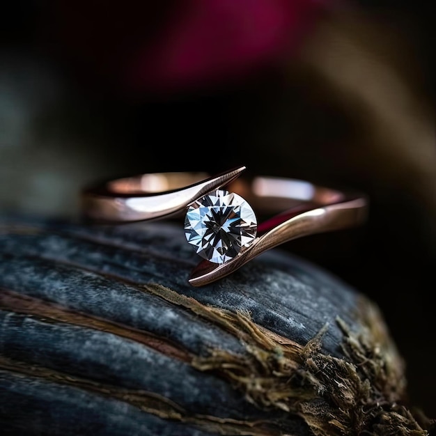 Un impresionante anillo de compromiso de oro rosa y diamantes con un diseño único y moderno.