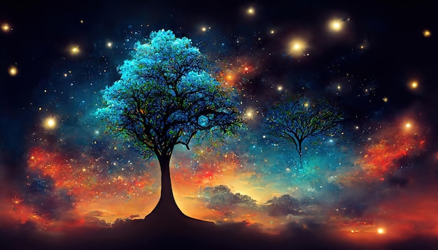 Impresionante El árbol en el cielo nocturno Ilustración 3d Gráficos 3D Representación 3d Color detallado Generativo Ai