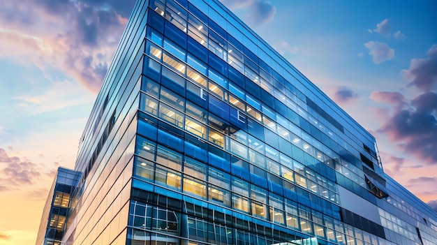 Impresionante arquitectura moderna de un edificio de oficinas en el centro con ventanas de vidrio azul que reflejan el cielo