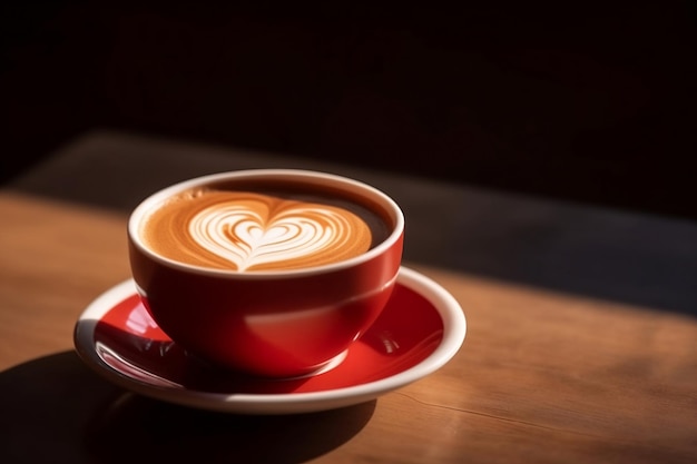 Impresionante arte latte en forma de corazón generado por IA sobre fondo de madera oscura desde una vista superior