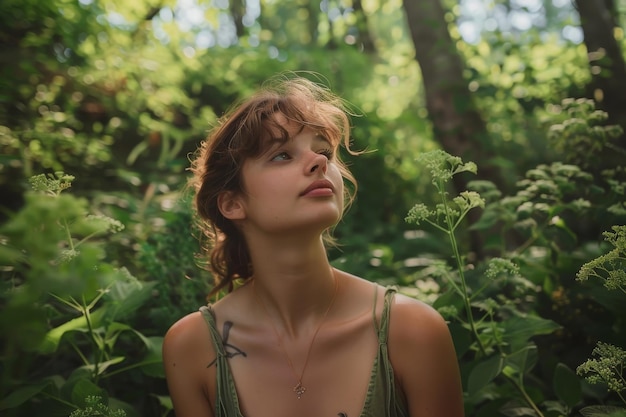 Impresionante aspecto de verano de una mujer en un exuberante parque verde