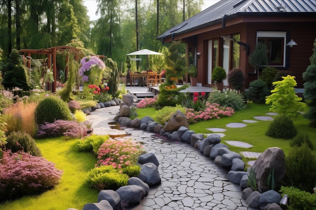 La impresionante belleza de la decoración del patio Un pintoresco paisajismo de jardín en el recreacionaa