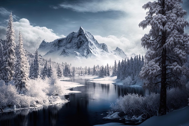 Un impresionante bosque invernal con árboles altos cubiertos de nieve y una cálida luz dorada que brilla a través de las ramas Generado por IA